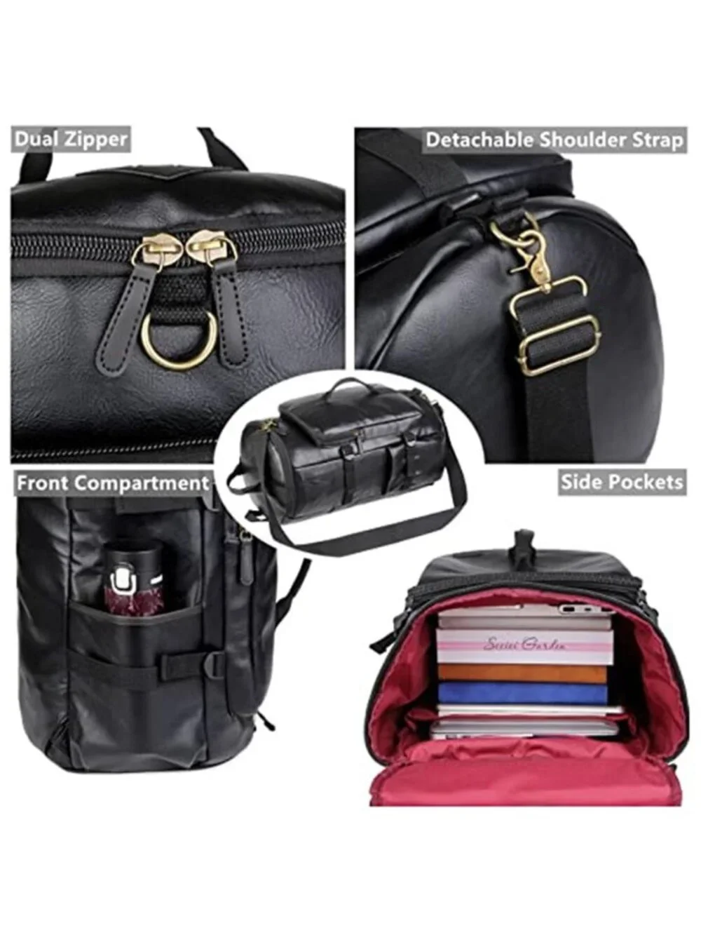 Men's Vegan Leather Weekender Travel Duffel Tote Bag Backpack Convertible